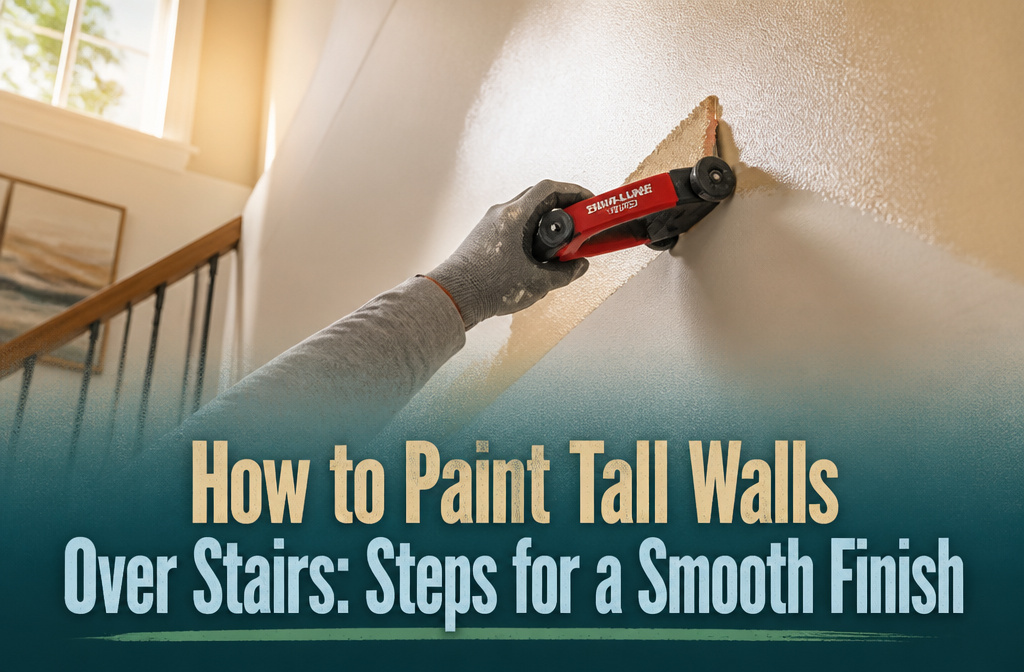 A painter with extension tools working on tall walls over stairs.