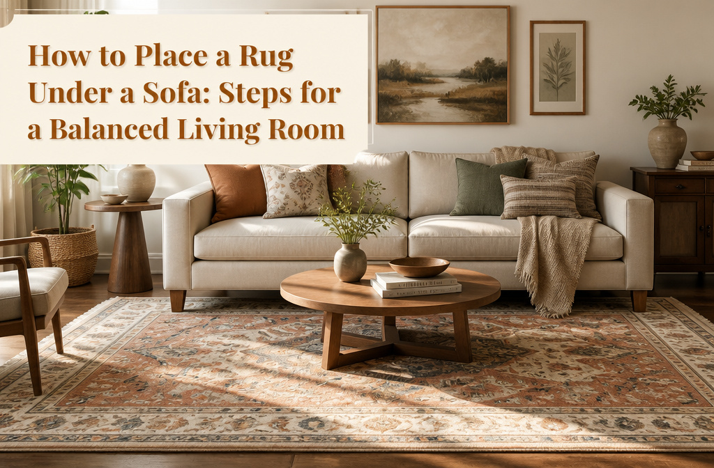 A living room with a sofa placed over a large area rug.