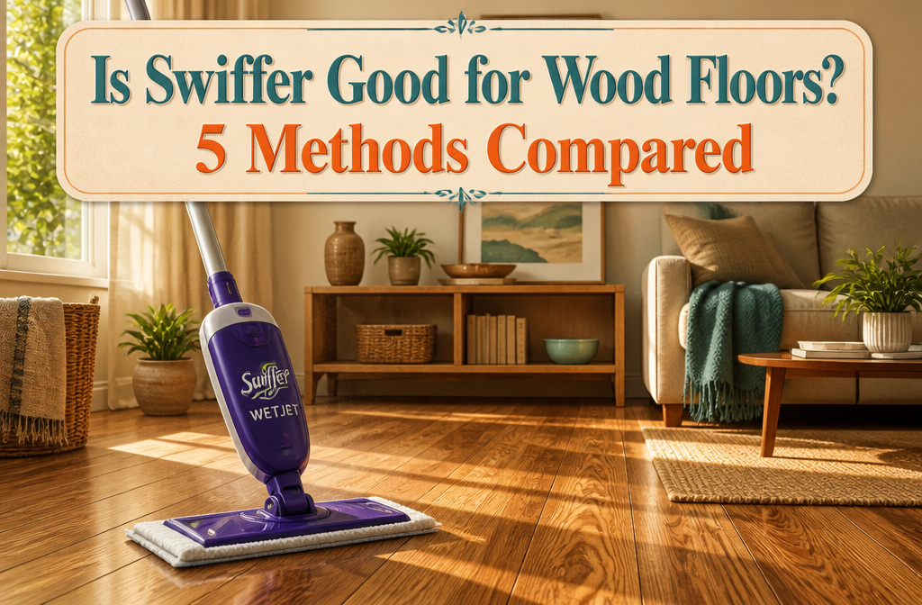 A Swiffer WetJet on a finished hardwood floor with a deep walnut finish.