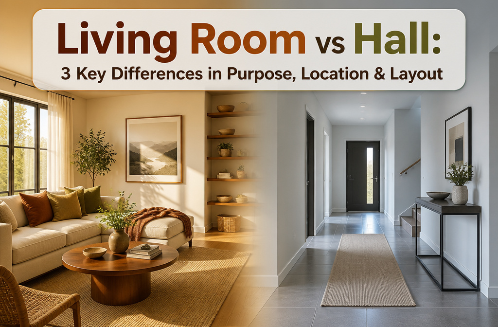 A living room with plush seating next to a simple hall setup.