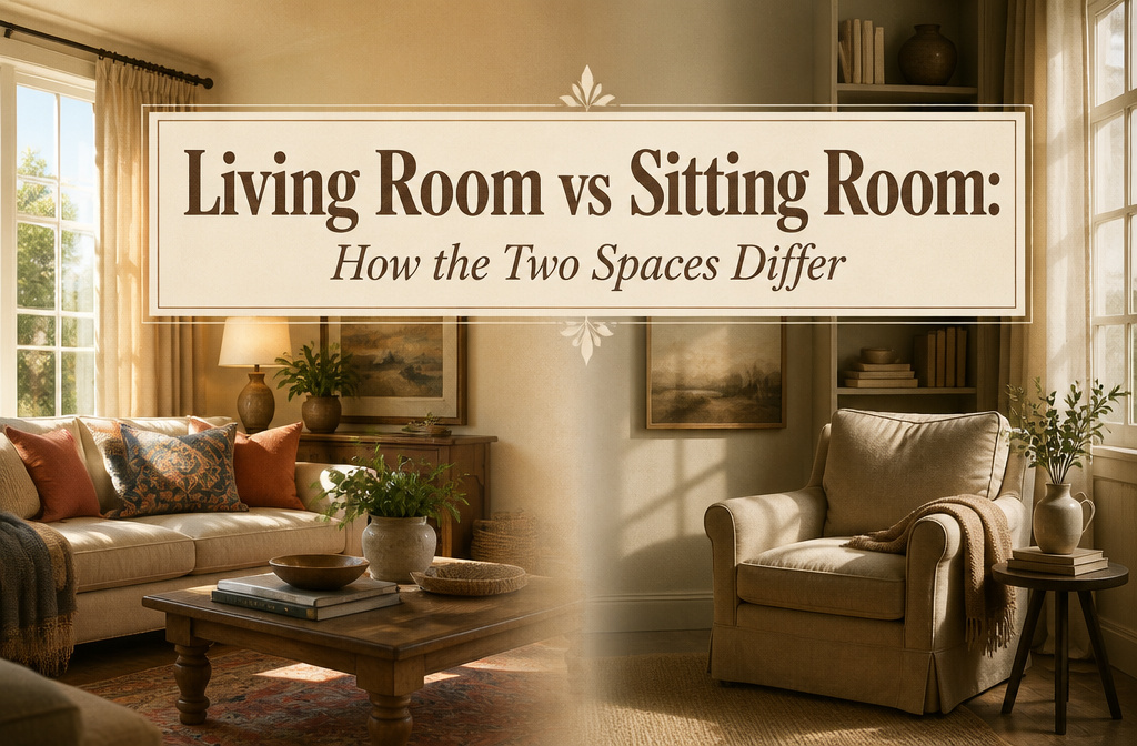 A side-by-side comparison of a stylish living room and a cozy sitting room.