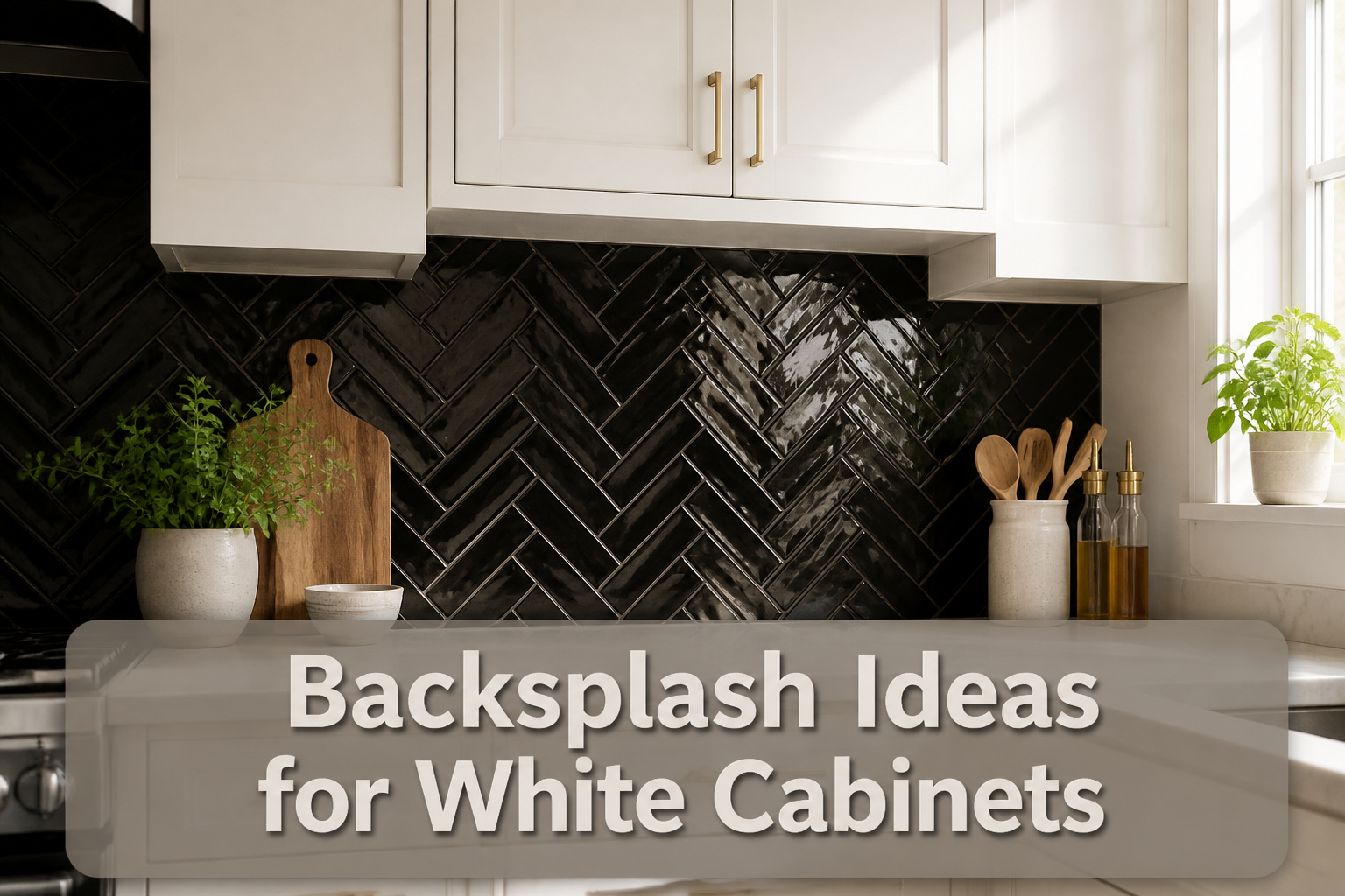 A bright kitchen with white cabinets and a beautiful backsplash.
