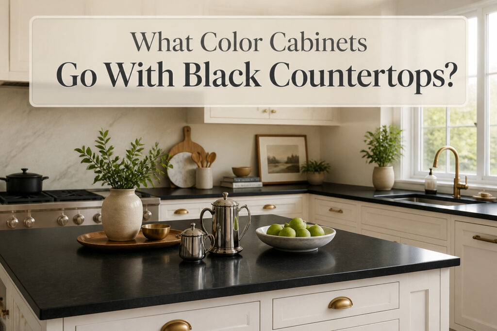 Kitchen scene showing multiple cabinet colors with black countertops.