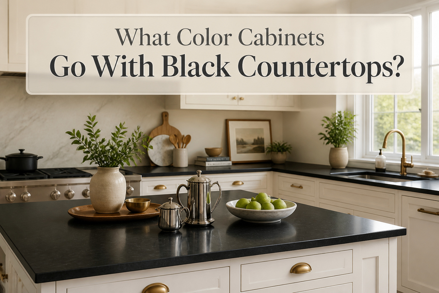 Kitchen scene showing multiple cabinet colors with black countertops.