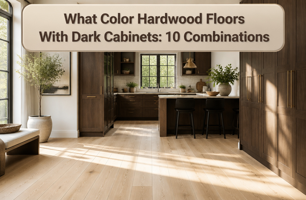 Kitchen with dark cabinets and hardwood floors.