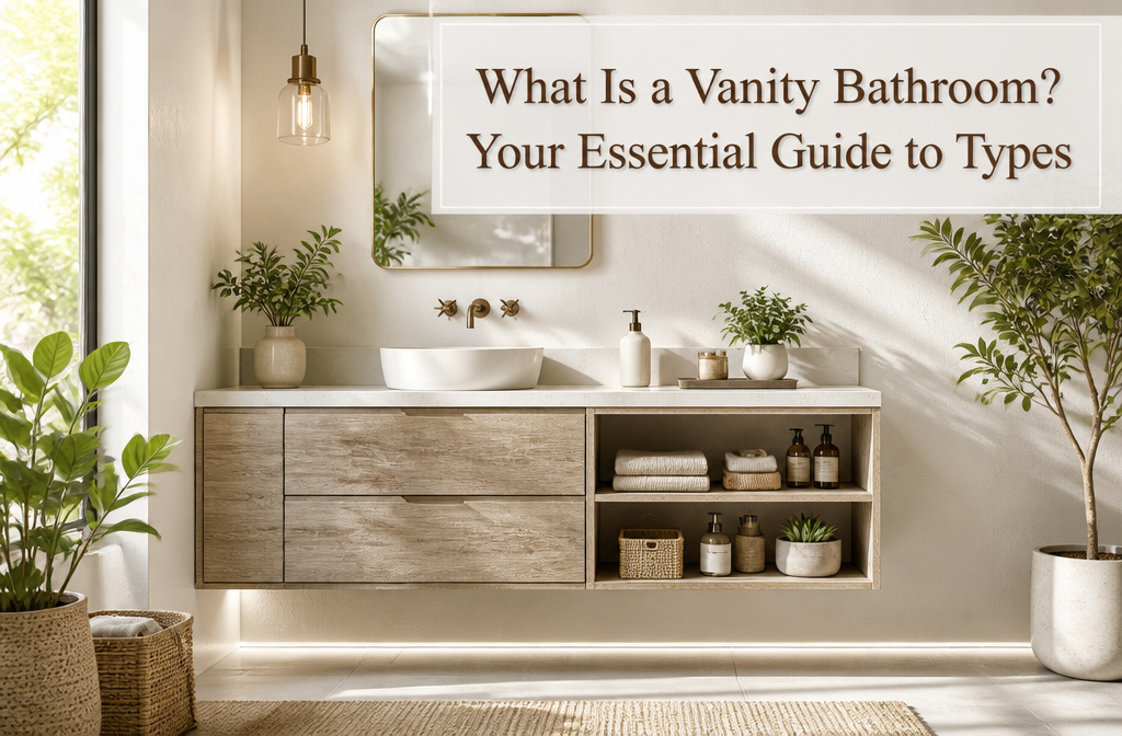 A bathroom vanity with a sink and decorative elements.