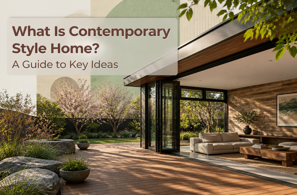 A contemporary home featuring clean lines, large windows, and mixed materials.