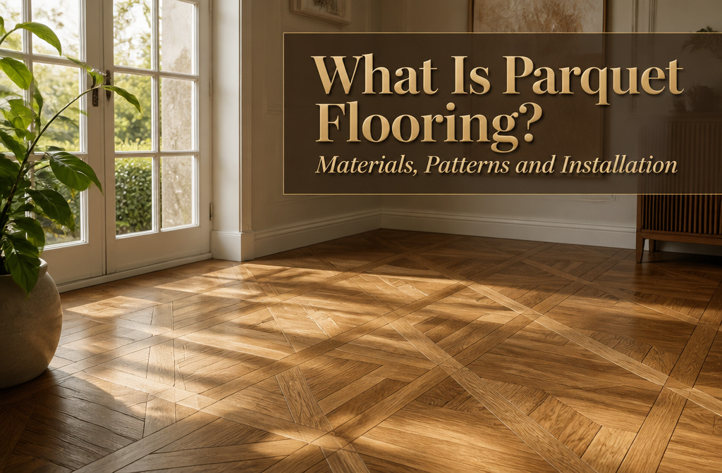 A sunlit room featuring parquet flooring with geometric shapes.