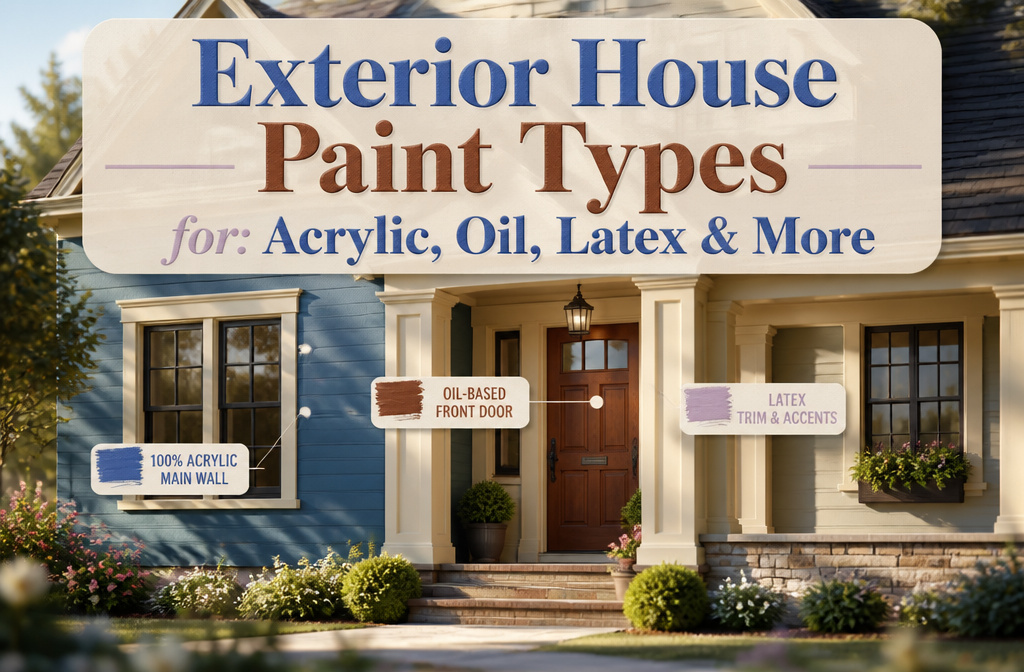 Different colors of exterior house paint samples arranged on a surface.