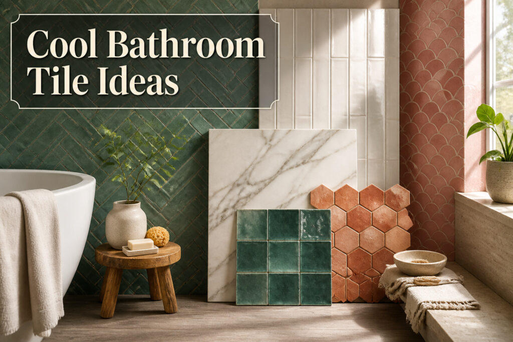 Various bathroom tile styles displayed in a modern setting.