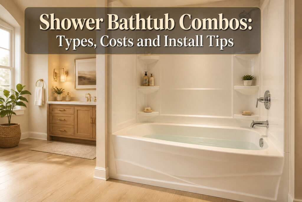 A contemporary bathroom with a stylish acrylic tub-shower combo and shelves.
