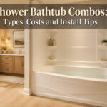 A contemporary bathroom with a stylish acrylic tub-shower combo and shelves.