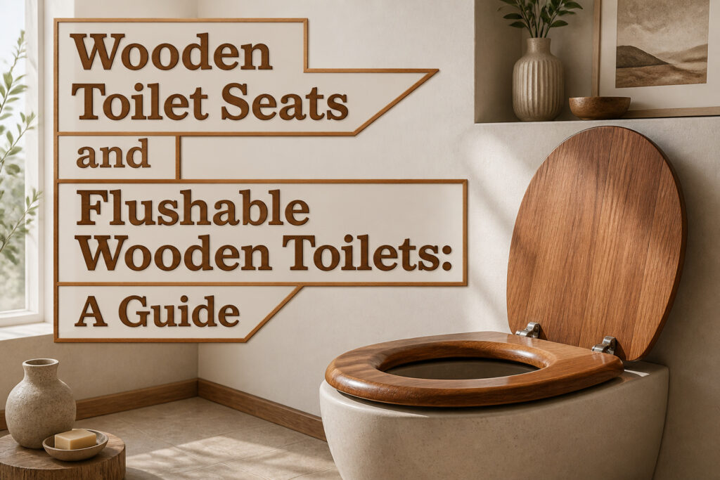 A stylish bathroom with a wooden toilet seat and neutral decor.