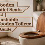 A stylish bathroom with a wooden toilet seat and neutral decor.
