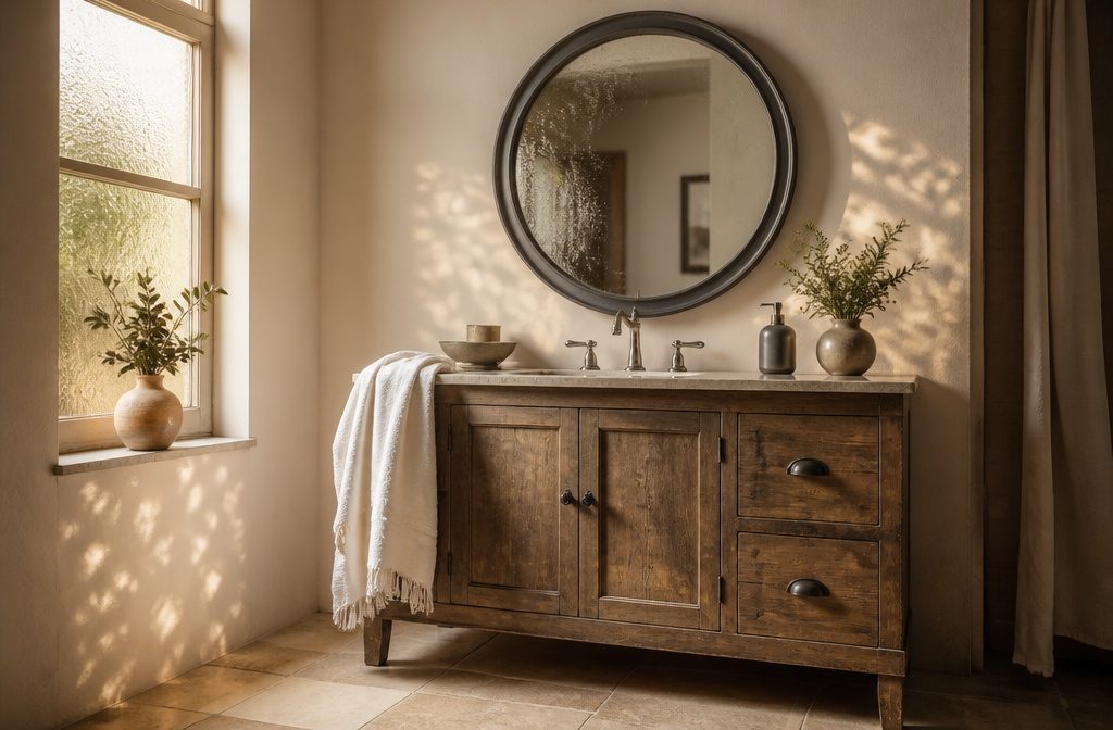 A bathroom with a vanity and a mirror, illustrating proper mirror sizing.
