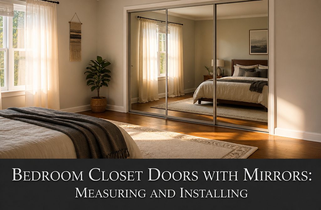 A stylish bedroom featuring sliding mirror doors reflecting natural light.