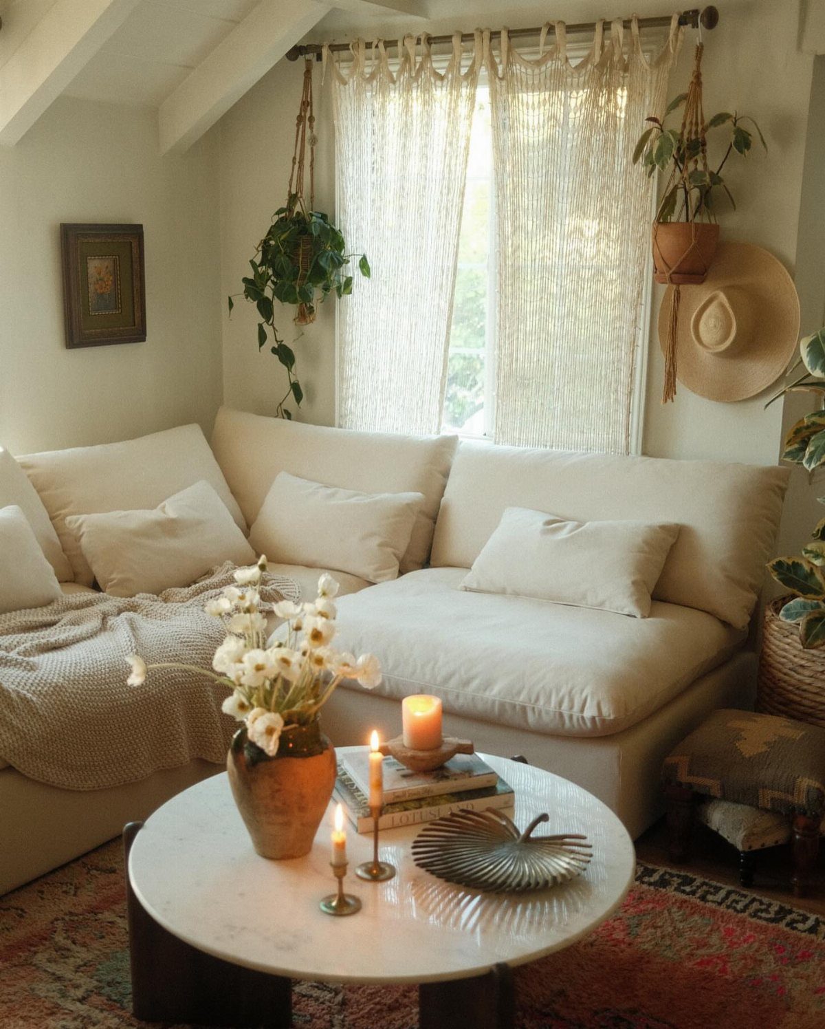 White corner couch in a living room with a marble coffee table and plants.