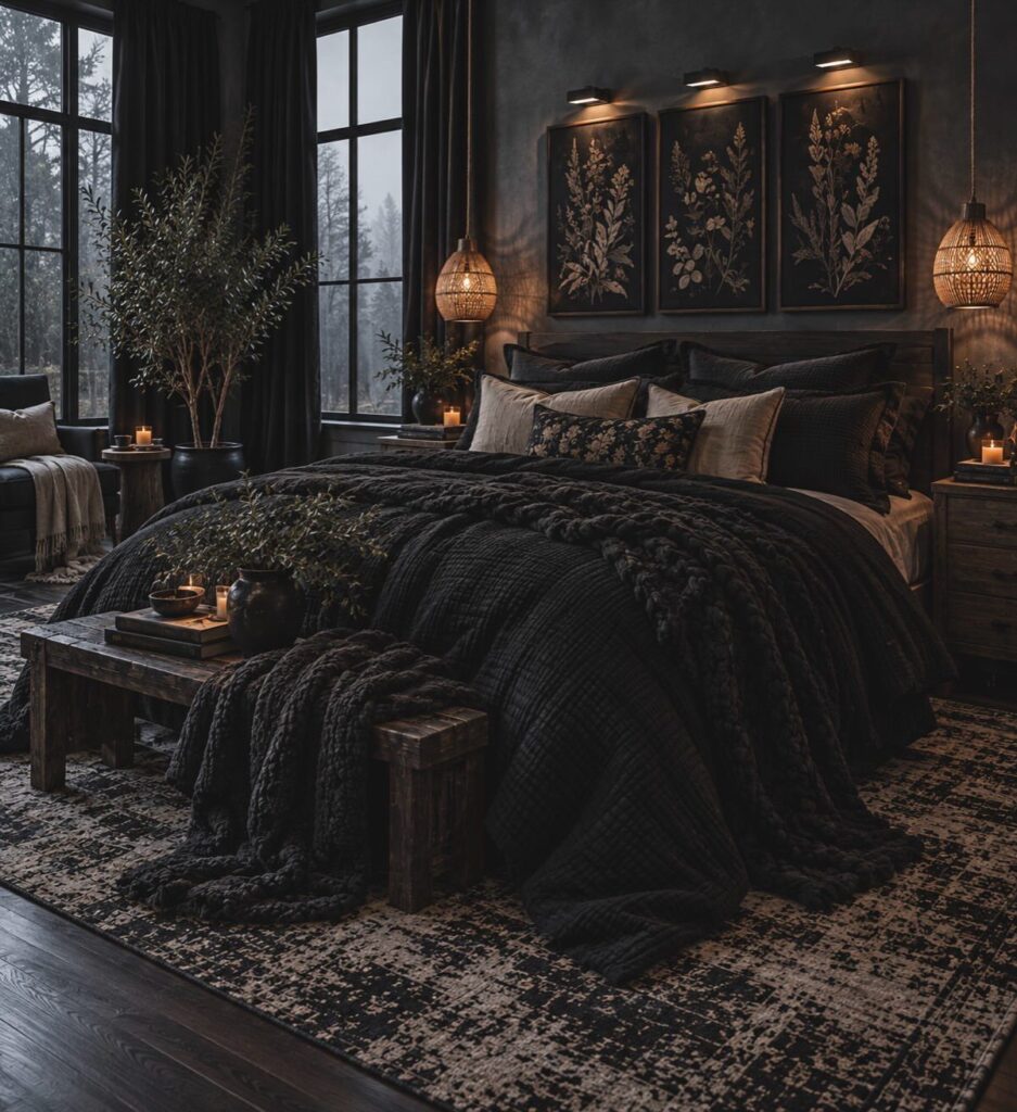 Dark moody bedroom with black bedding, grey walls, and warm hanging lantern lights.