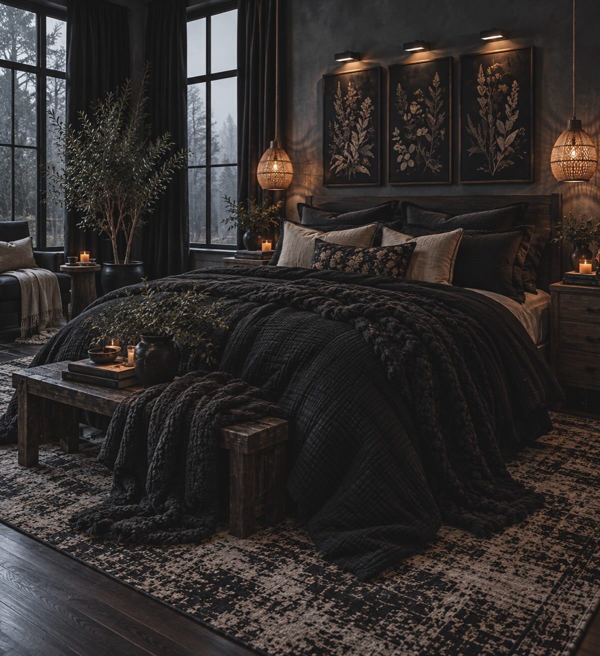 Dark moody bedroom with black bedding, grey walls, and warm hanging lantern lights.