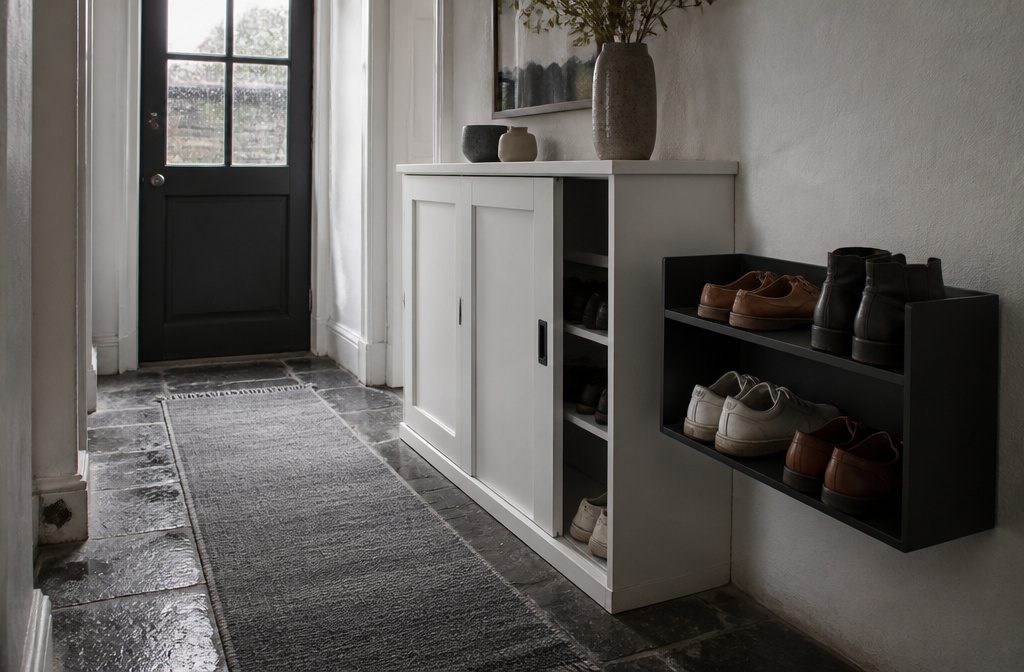 Shoes arranged beside an entryway wall near the front door