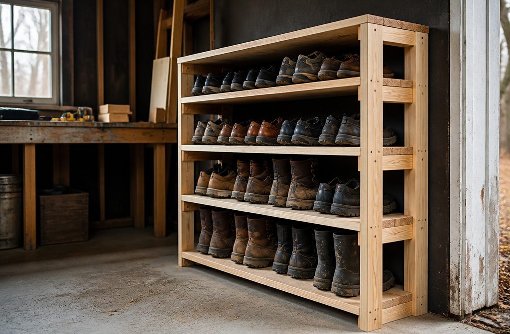 Wooden garage shoe rack filled with boots and shoes
