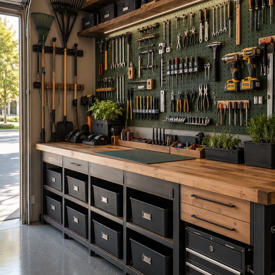 Organized garage workbench with a tool-filled pegboard and black storage bins underneath.