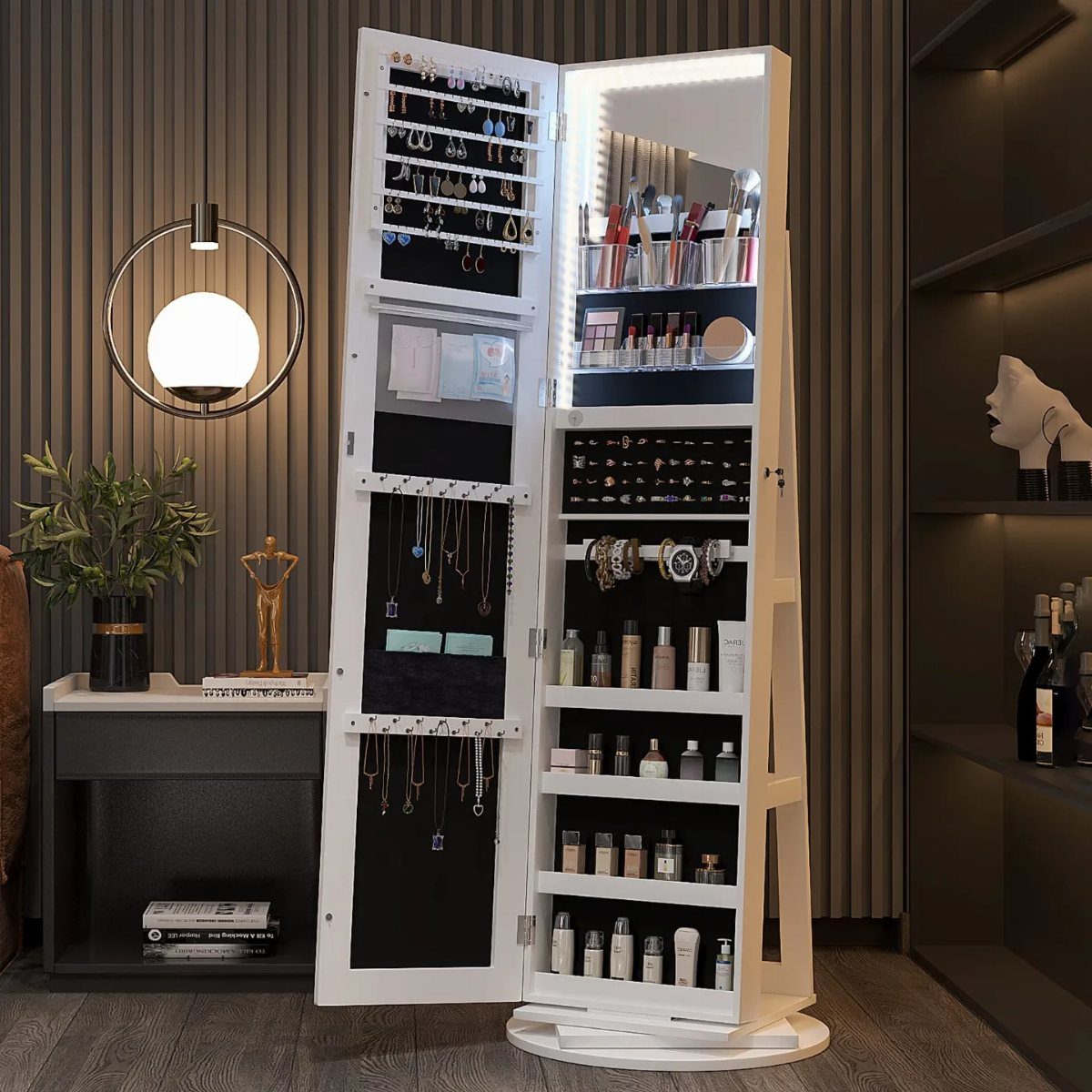 White full-length mirror cabinet opened to show organized jewelry and cosmetic storage.
