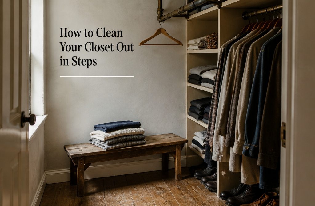 Clothes and storage boxes arranged beside an open bedroom closet