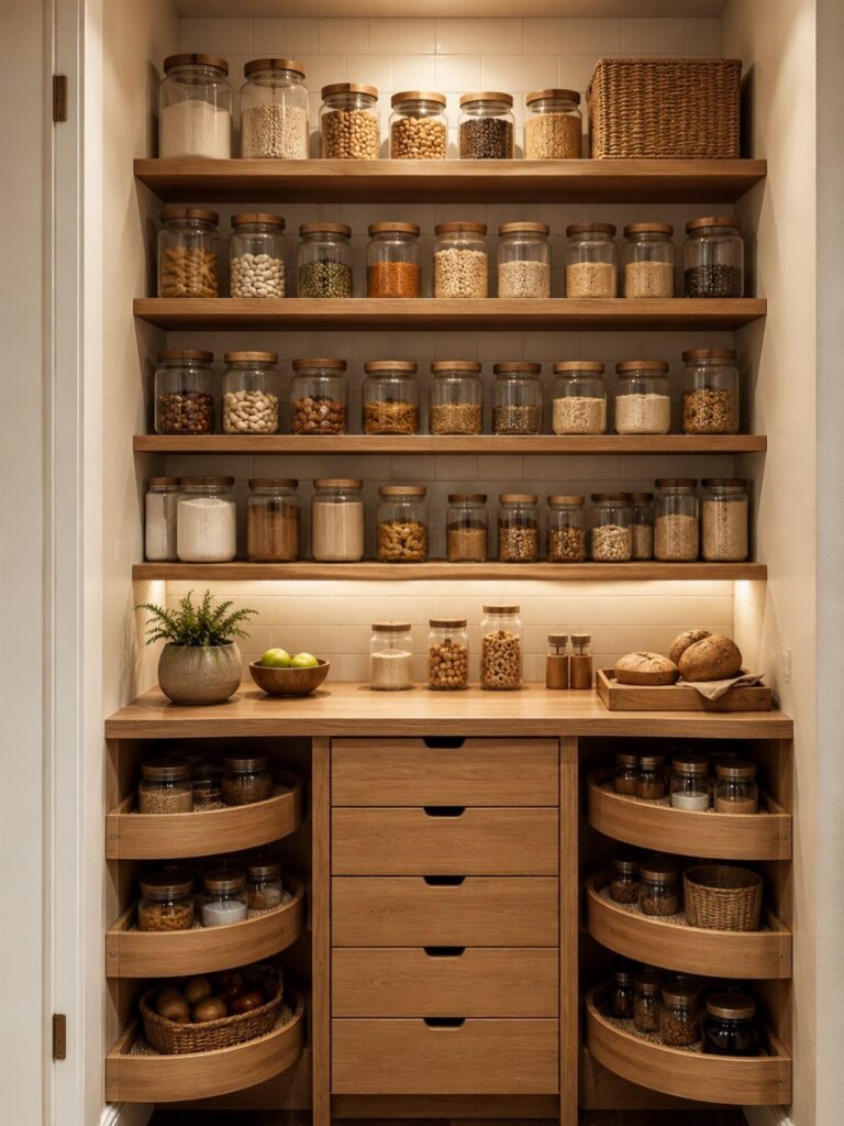 Wooden kitchen pantry cabinet with glass jars and organized storage shelves and drawers.