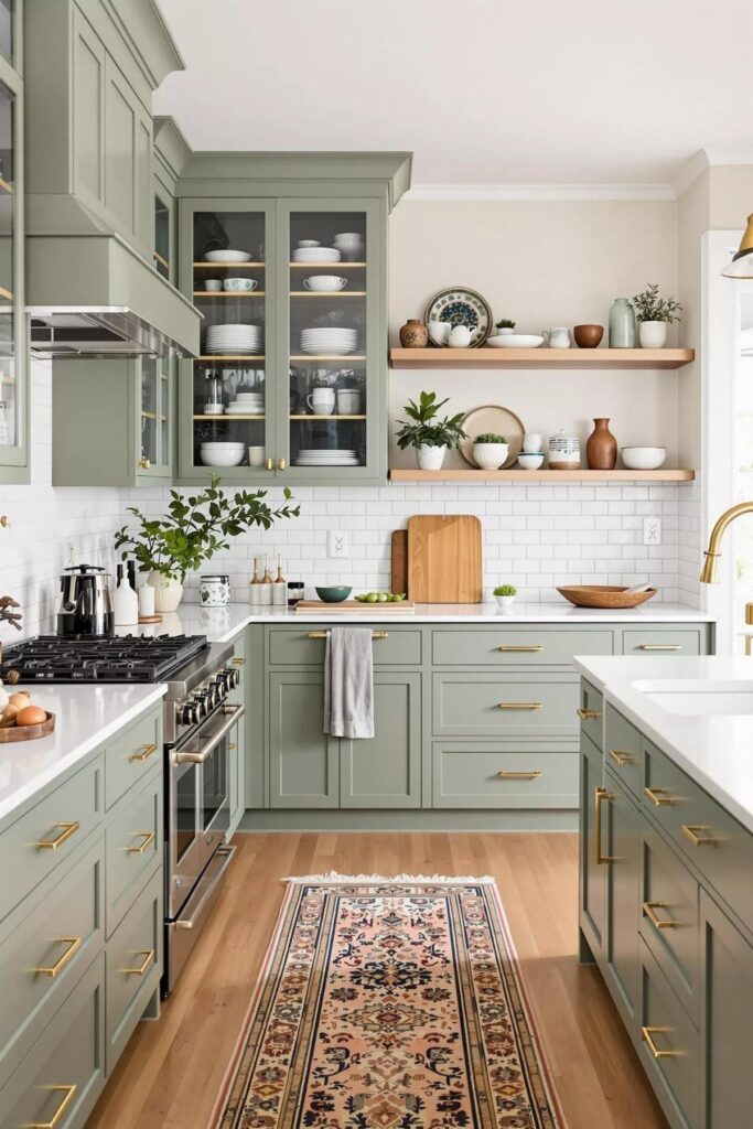 Sage green kitchen storage cabinets with doors and gold hardware in a bright kitchen.