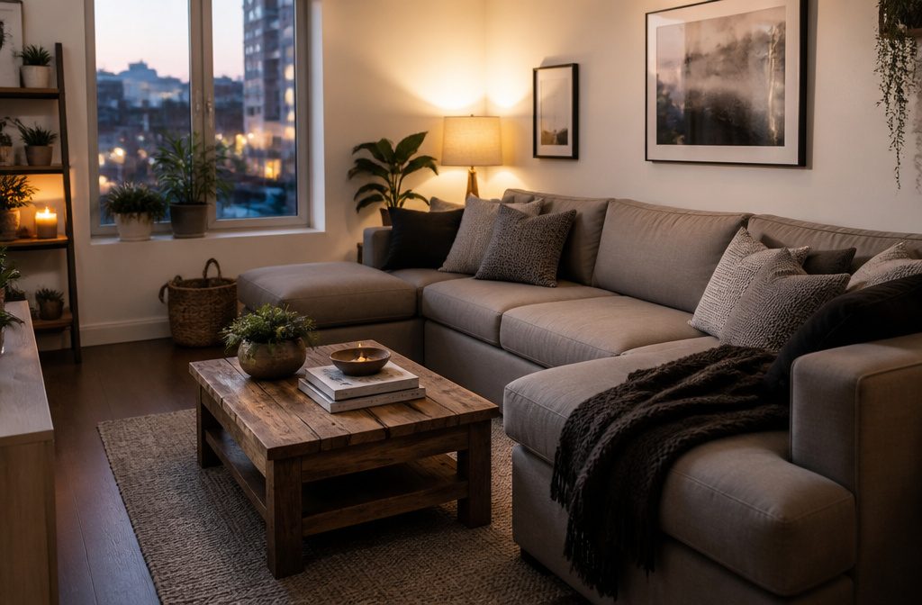 Cozy living room with an L-shaped couch and decorative pillows.