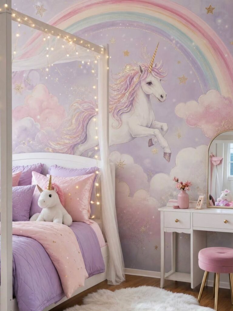 Rainbow mural and flying unicorn on a purple bedroom wall with a canopy bed.