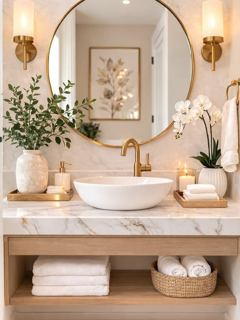 White marble bathroom vanity with vessel sink, gold fixtures, and round gold mirror.