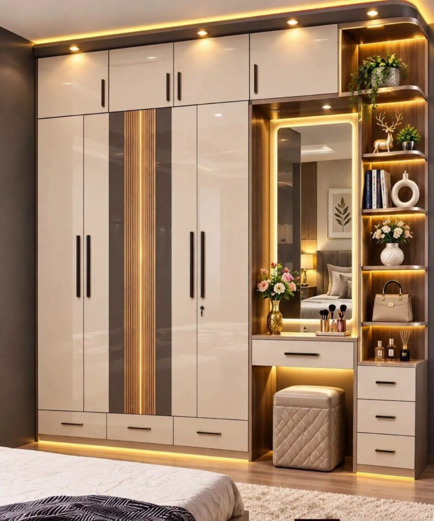 Modern built-in wall unit closet with integrated lighting and a vanity mirror area.