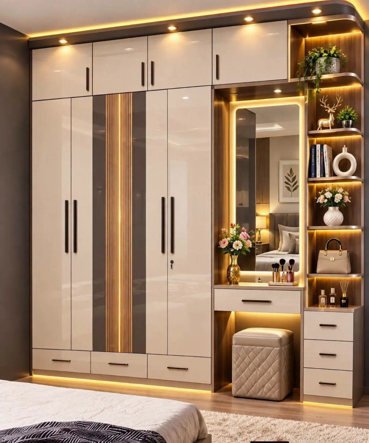 Modern built-in wall unit closet with integrated lighting and a vanity mirror area.